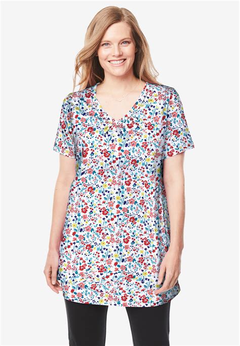 Perfect Printed Short Sleeve Shirred V Neck Tunic Woman Within