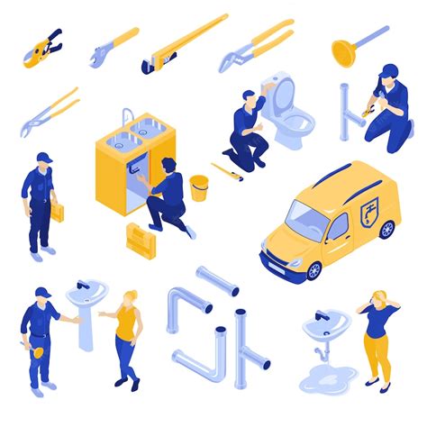 Free Vector Plumbers And Their Equipment Isometric Icons Set Isolated