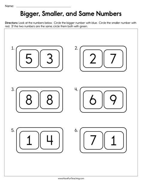 Bigger Smaller And Same Numbers Worksheet By Teach Simple