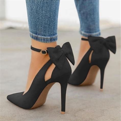 Suede Pointed Toe Back Bowtie Thin High Heel In 2021 Fashion High
