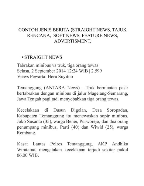 Contoh Jenis Berita Straight News Tajuk Rencana Soft News Feature