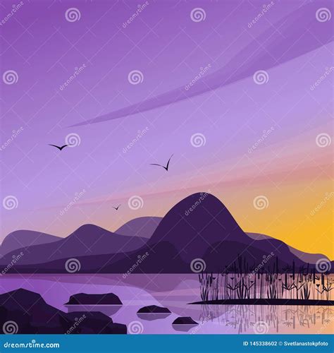 Cute Flat Landscape Illustration With Mountain And Lake Water Stream