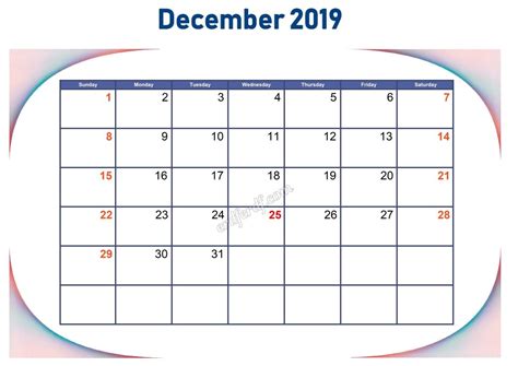 12 December Blank Calendar 2019 To Print Print Calendar Blank