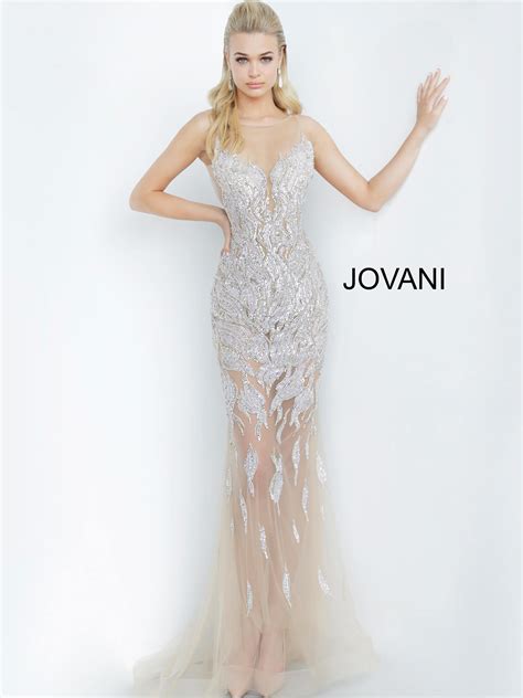 Jovani Silver Nude Sheer Embellished Sexy Prom Dress