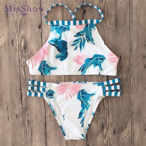 misshow 2019 women halter blue leaves printed swimwear low high neck padded bikini set sexy