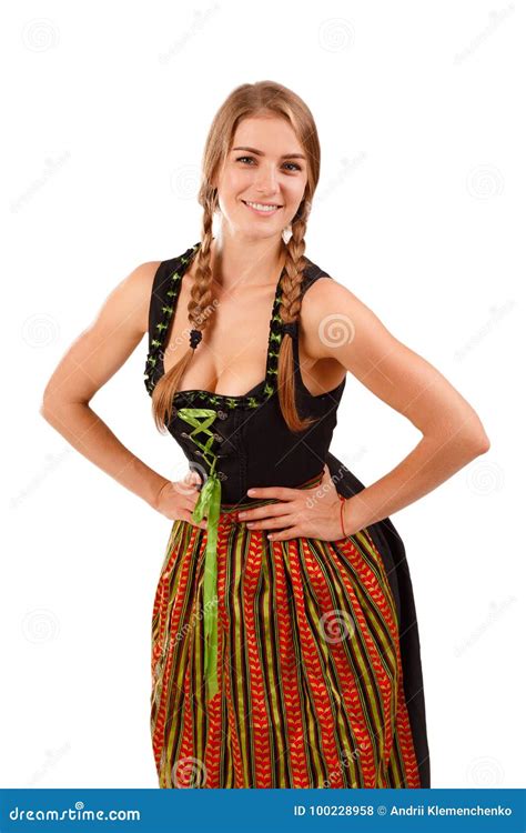Woman In Traditional Bavarian Dress Isolated On White Stock Photo