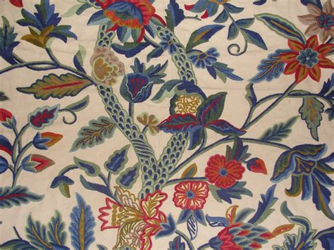 Crewel Fabric Hibiscus Vine Multicolor On Sweetpine Cotton Yardage