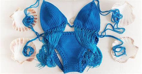 Crochet Fringe Bikini Blue Ocean Fringed Top Lined Bottoms Etsy