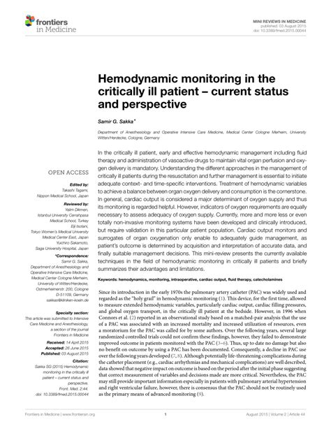 Pdf Hemodynamic Monitoring In The Critically Ill Patient Current