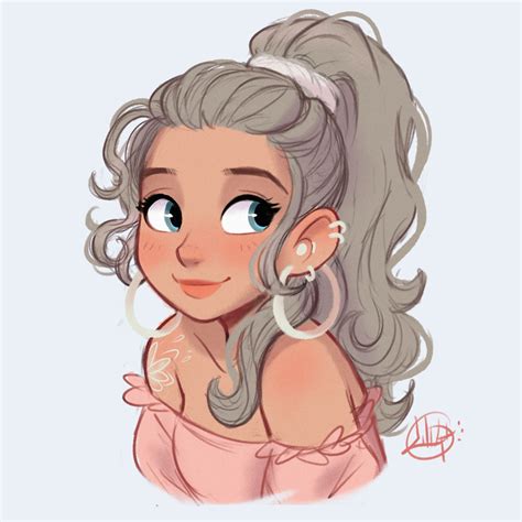 A Drawing Of A Woman With Grey Hair And Big Hoop Earrings On Her Ear