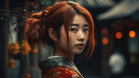 فتاة ذات شعر أحمر ترتدي كيمونو آسيوي في اليابان امرأة ذات شعر جميل