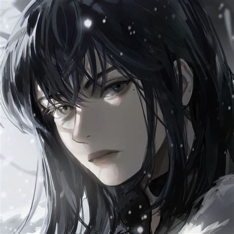 An Anime Character With Long Black Hair And Snow On His Face Is Staring Into The Distance