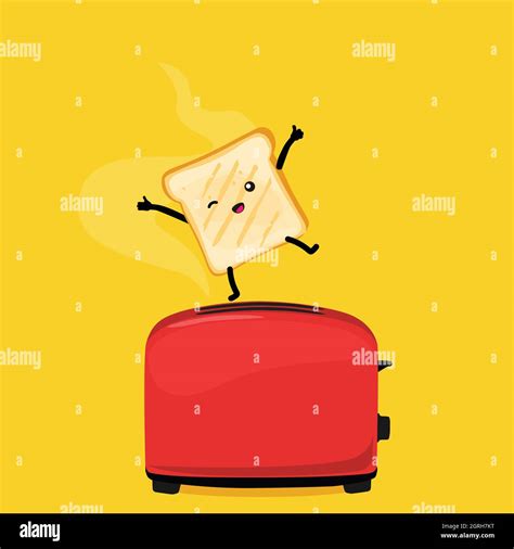 Cute Happy Cartoon Funny Toast Jumping Out Of The Toaster Against