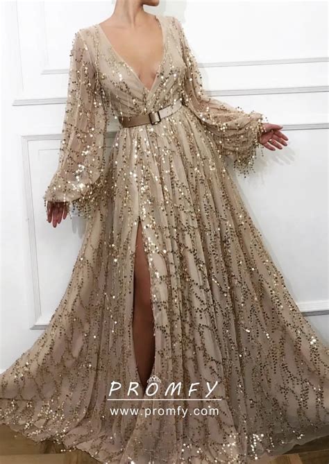 Mojave Gold Sequin Embellished Tulle Long Sleeve Plunging Neckline Ball