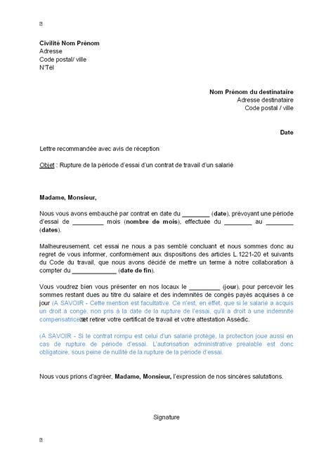 Mod Le Courrier Fin De P Riode D Essai Lettre Rupture P Riode Essai