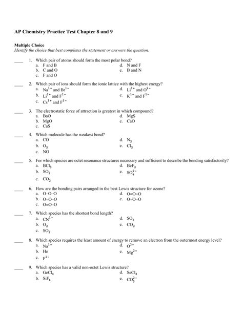 Ap Chemistry Chapter 8 And 9 Practice Test With Answers 1