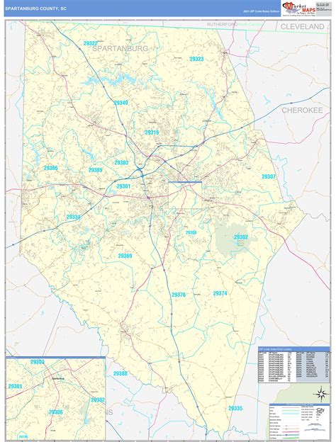 Spartanburg County Sc Zip Code Wall Map Basic Style By Marketmaps