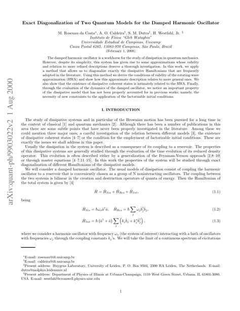 Pdf Exact Diagonalization Of Two Quantum Models For The Damped Harmonic Oscillator