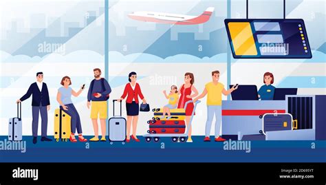 Flight Check In At Airport Terminal Vector Flat Illustration Traveling Passengers With Luggage