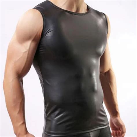 Sexy O Neck Pu Leather Tank Tops Sleeveless Shirts Men Imitatiion Faux Leather Vest For Men