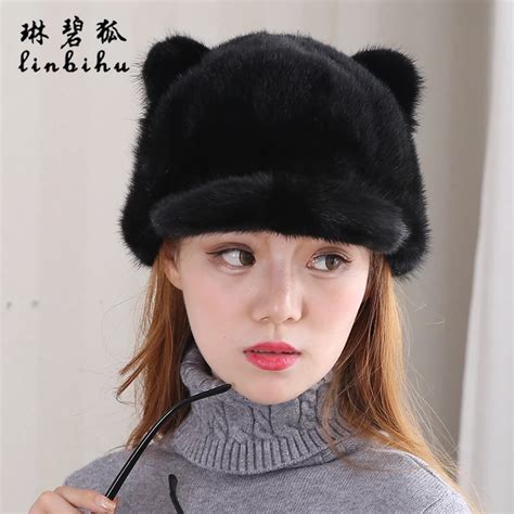 new 100 real mink fur caps visors with cat earandtail cute mink fur hats