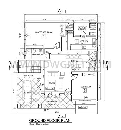 Four Bed Room Double Story House Plan Ground Floor Plan Dwg Net Cad