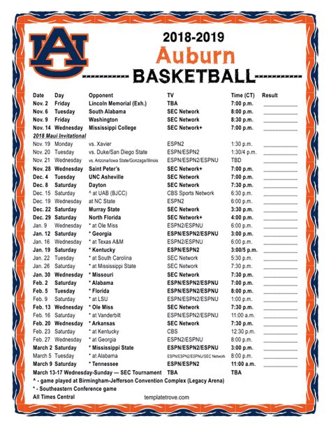 Printable 2018 2019 Auburn Tigers Basketball Schedule
