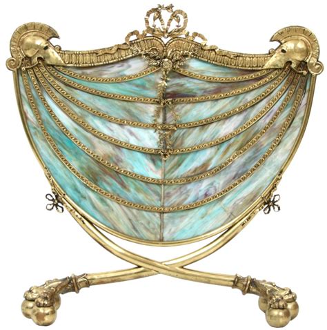 Lot Gilt Bronze And Leaded Glass Fire Screen