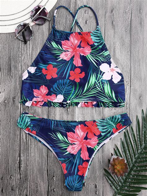 26 Off 2021 Tropical Floral High Neck Ruffles Bikini In Floral Zaful