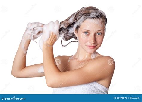 Beautiful Woman Taking A Shower And Shampooing Her Hair Washing Hair With Shampoo Royalty Free
