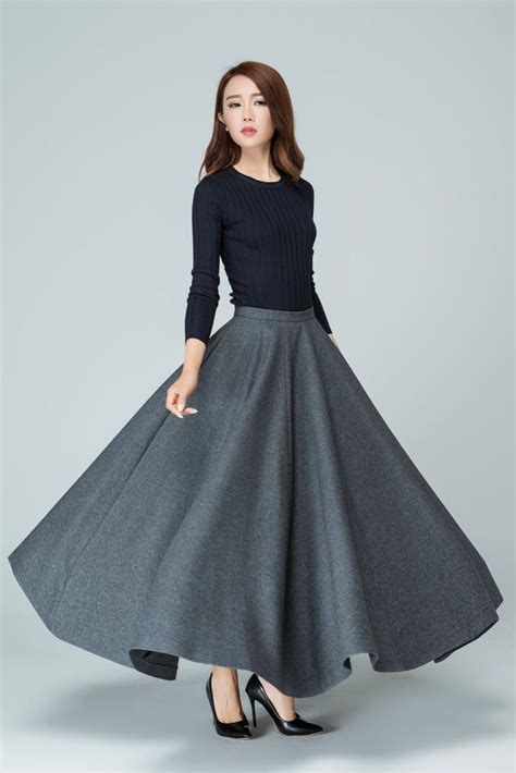 maxi skirt pleated skirt winter skirt full skirt wool skirt dark gray skirt ladies skirts