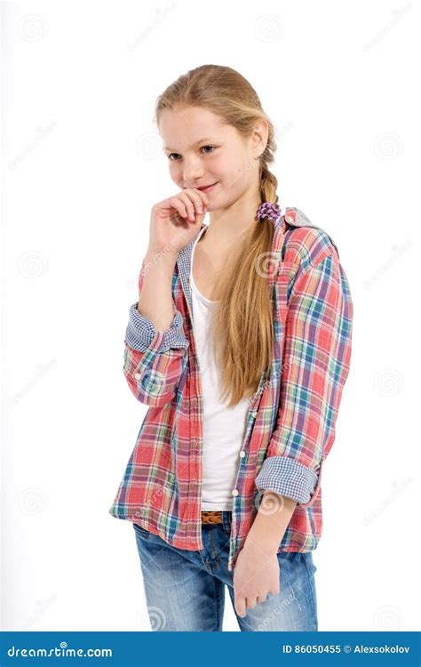 Young Cheerful Teenage Girl On White Background Stock Image Image Of