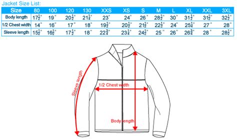 Jacket Outwear Size Chart Sg
