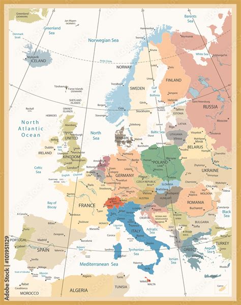 Polityczna Mapa Europy Retro Kolory 101951129 Mapy Naklejki