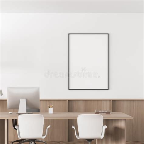 Bright Office Room Interior With Empty White Poster Desktop Stock