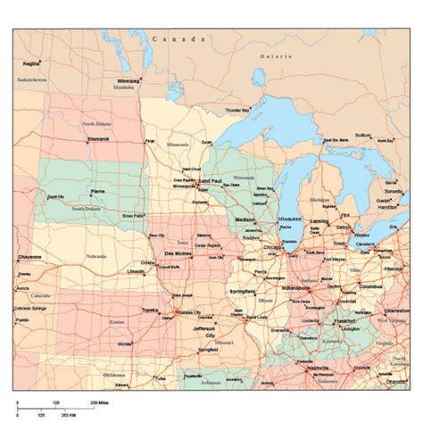 Usa Midwest Region Map With State Boundaries Highways Capitals And M