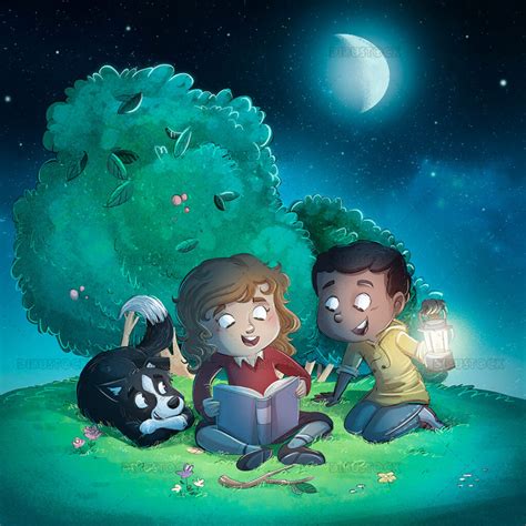 ilustración de niños con su perro leyendo un cuento en el bosque por la noche ilustraciones de