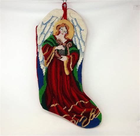 vintage needlepoint christmas stocking angel made in 3d detail etsy needlepoint christmas