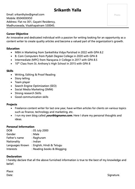 Content Writer Resume Samples For Freshers Free Download