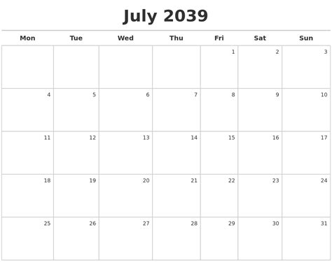 July 2039 Calendar Maker