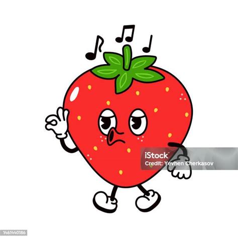 Cute Funny Strawberry Walking Singing Character Vector Hand Drawn Traditional Cartoon Vintage