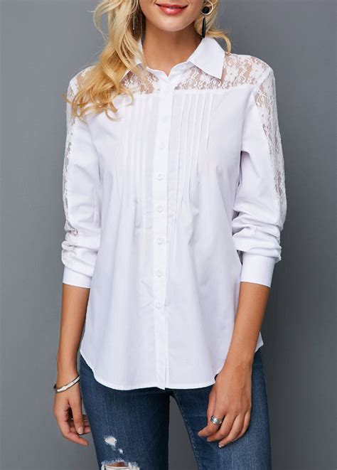 Lace Panel Pleated Detail Turndown Collar White Blouse Trendy Tops