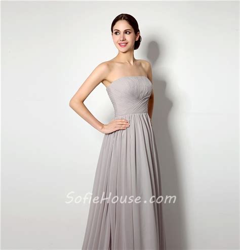 A Line Strapless Long Grey Chiffon Ruched Corset Bridesmaid Evening Dress