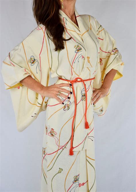 Japanese Vintage Kimono Robe Silk Including Obijime Kumihimo Belt Silk Gown Robe Boho