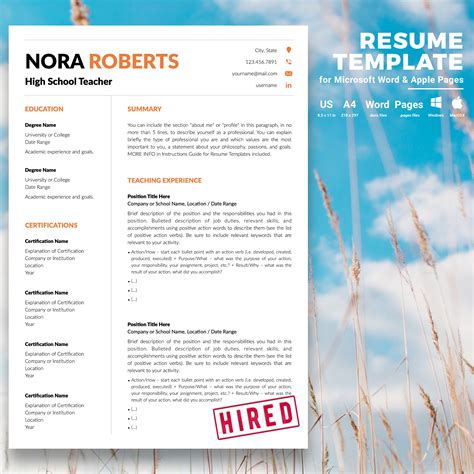 Teacher Resume Cv Template For Word And Pages Nora Roberts 742580