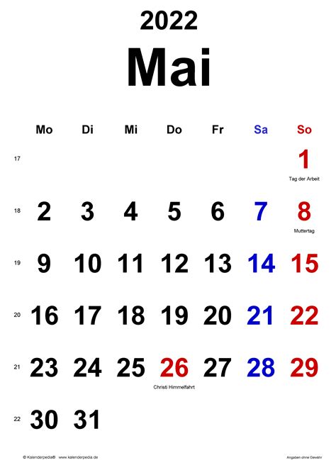 Kalender Mai 2022 Als Word Vorlagen