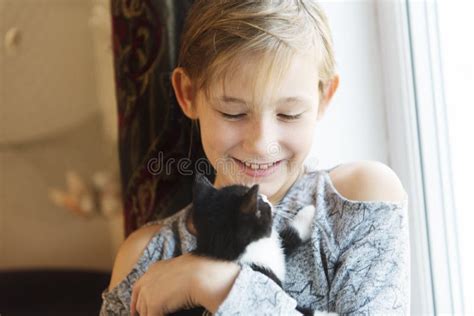 10 Years Old Girl With Kitten At Home Stock Image Image Of Portrait