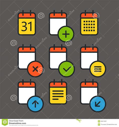 Different Calendar Color Icons Set With Rounded Corners Stock Vector