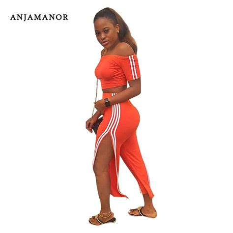 orange side striped sexy two piece set off shoulder crop top and split pants 2019 fashion outfit