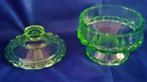 Vintage Green Depression Glass Footed 4 25 Diameter Covered Box Antique Price Guide Details